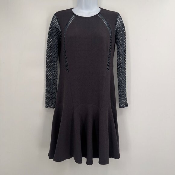 Rebecca Taylor  Charcoal Gray Mesh Panel Long Sleeve Flounce Dress - Size 0 - Picture 4 of 10